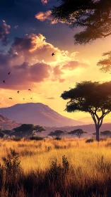 Digital painting savanna vista with acacia silhouettes at dusk.