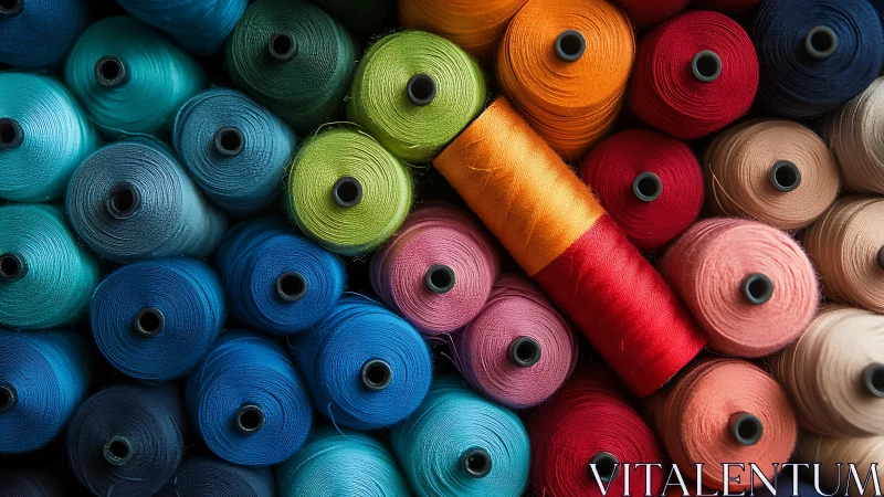 Radial array of multicolored industrial polyester thread spools