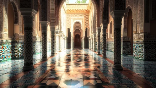 Sunlit mosaic arcade catches whispered footsteps in marble