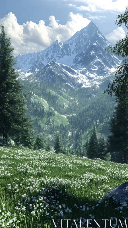 High alpine meadow and snowcapped peak under cumulus cloudbank