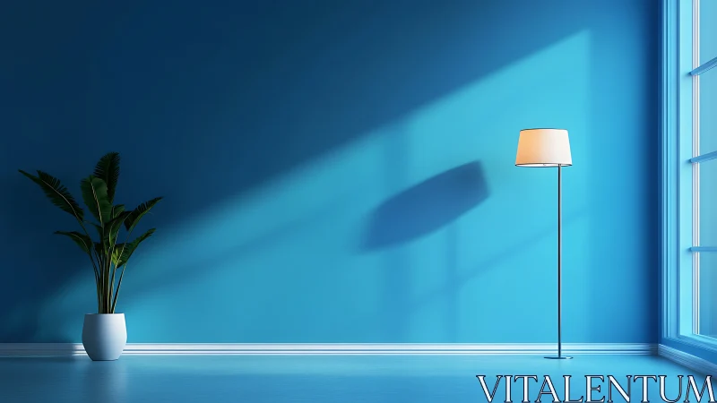 Rendered interior shows floor lamp and plant by blue wall