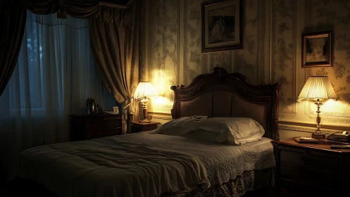 Classic bedroom with carved wood bed and warm lamps.