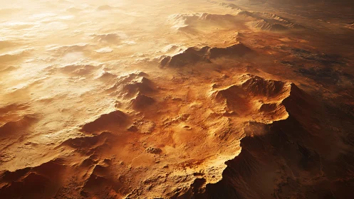 Sunlit desert mountain range rendered with aerial depth