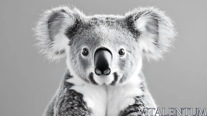 Soft-eared koala stares calmly into a silvery studio hush