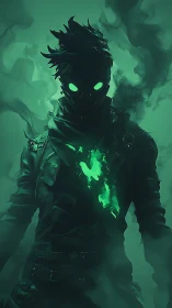 Spectral rogue with neon green core flame in cloaked silhouette