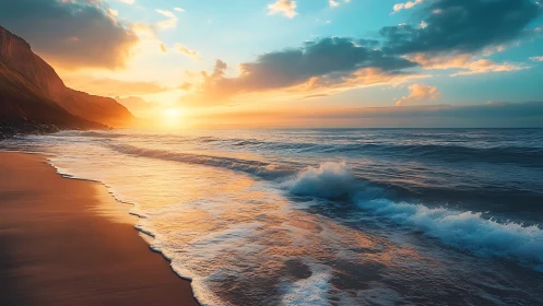 Coastal shoreline with sunset light on waves and cliffs.