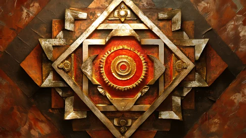 Geometric metallic relief with concentric circular centerpiece.