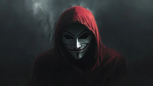 Red-hooded phantom leans from the void, chrome mask gleaming
