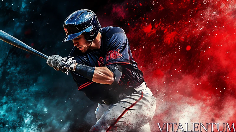 Explosive baseball batter in motion amid red and teal clouds.