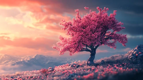 Isolated cherry tree under volumetric dusk illumination.