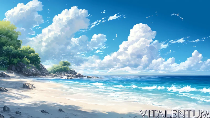 Bright sandy beach with turquoise sea and towering clouds.