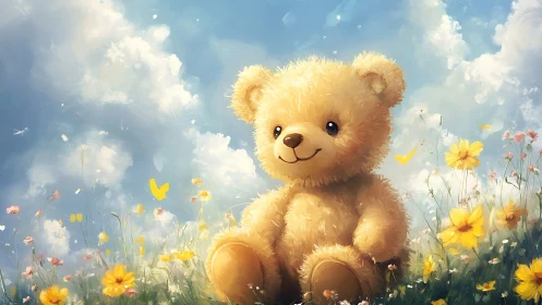 Smiling teddy bear sits in sunny wildflower meadow