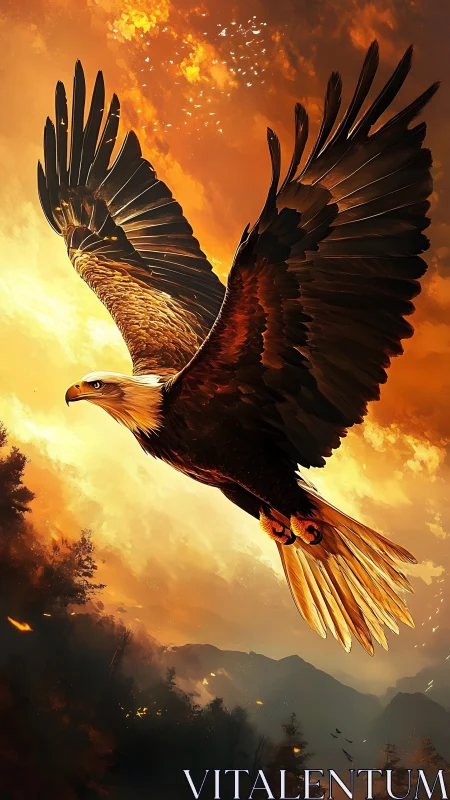 Majestic eagle soars through blazing golden sunset sky.