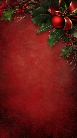 Red Christmas background frames glossy bauble and holly cluster