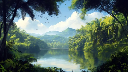 Lush tropical river valley with misty mountains and dense canopy