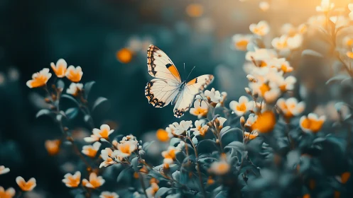 Butterfly hovers above small flowers in shallow depth of field