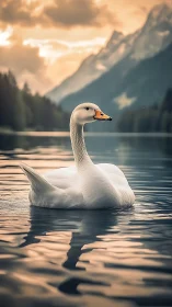 Graceful lake duck drifting under soft mountain sunset.