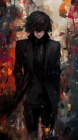 Chromatic turbulence surrounding a dark-clad anime figure.