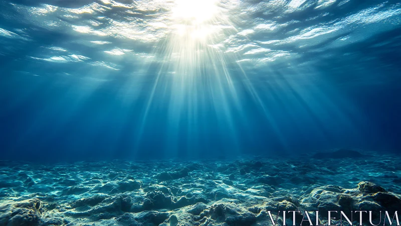 Sunbeams piercing clear blue water over rocky seabed.