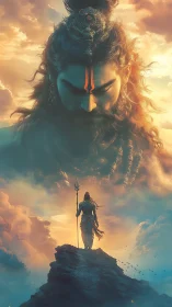 Mythic warrior figure on peak beneath colossal visage.