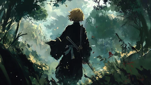 Sword-wielding wanderer strides through misty forest path.
