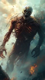 Towering flaming corpse strides through smoke and ruin