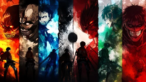 Segmented anime warriors and monstrous counterparts aligned.