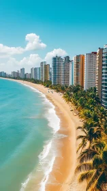 Sunlit oceanfront towers beside a calm palm-lined shoreline.
