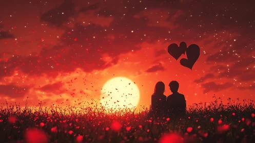 Silhouetted couple embracing beneath luminous sunset with floating heart iconography.