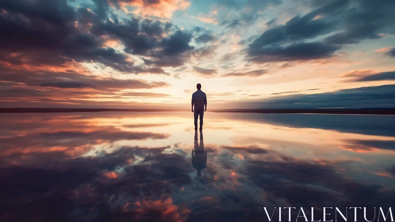 Solitary figure on reflective water surface at sunset.