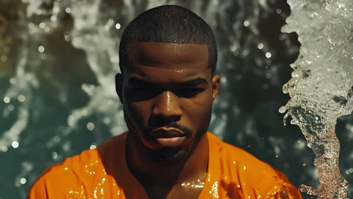 Moody portrait under cascading water with bold orange shirt.