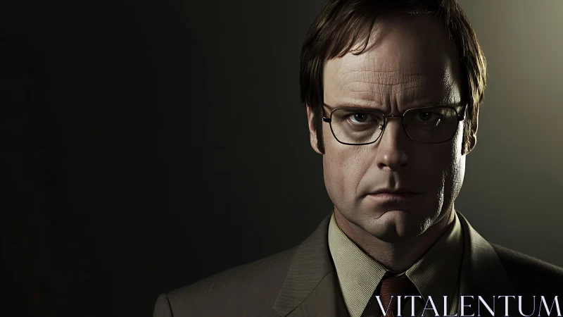 Stern man in glasses stares forward under dramatic lighting