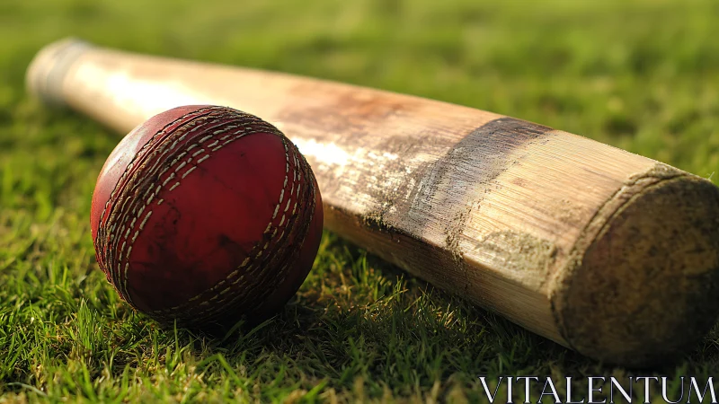 Weathered cricket bat and ball rest on sunlit grass