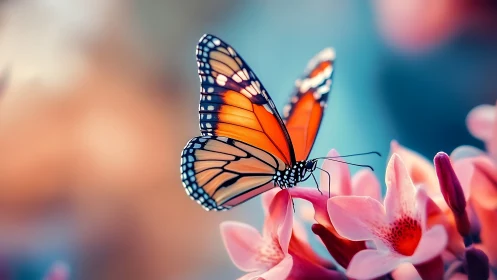 Monarch butterfly resting on vivid pink blossoms at dusk.