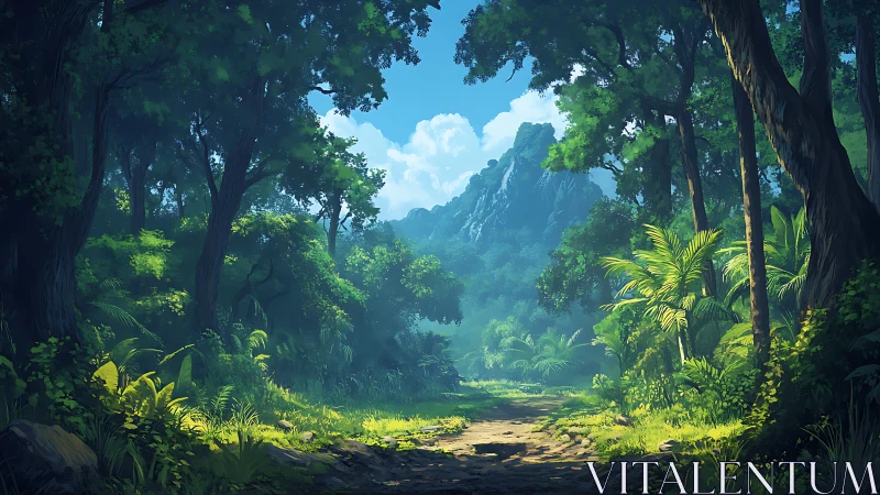 Luminous jungle vista reveals karst formations through towering canopy.