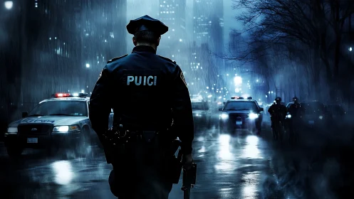Police officer stands in wet urban street amid patrol cars