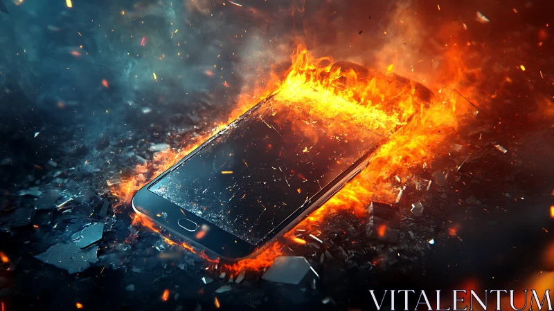Blazing smartphone surrounded by flying sparks and chaos.