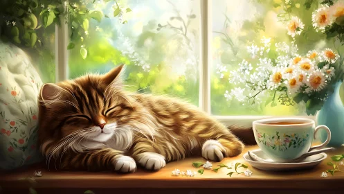 Tabby Cat Napping by Sunlit Window with Tea and Flowers