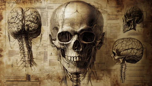 Anatomical skull atlas in sepia inked gothic precision.