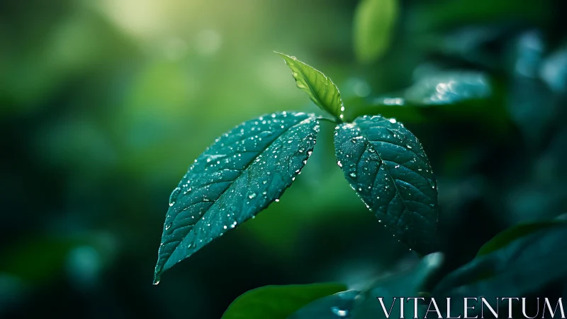 Close-up of green leaves with water droplets in focus.