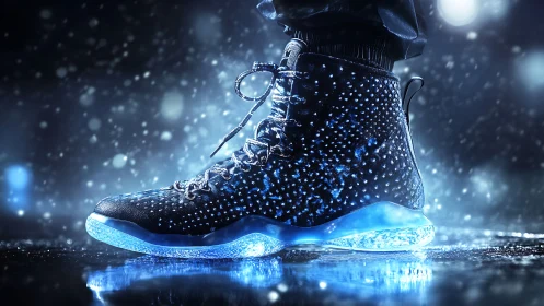 Electric blue sneakers glow boldly against the rainy night