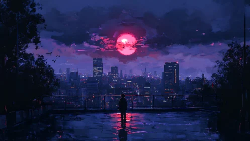 Solitary figure on rooftop observing neon city sunset sky.