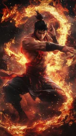 Blazing martial artist bends a dragon ring of roaring fire.