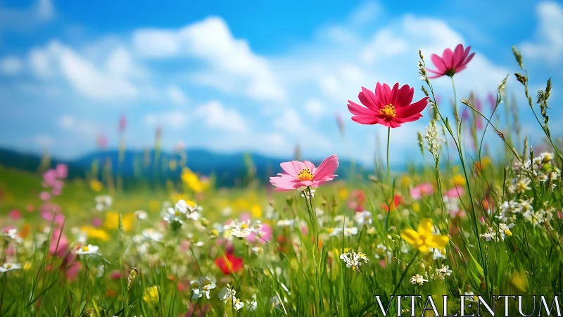 Wildflower meadow with cosmos and dahlias in clear daylight.