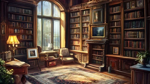 Sunlit vintage library interior with ornate bookcases.