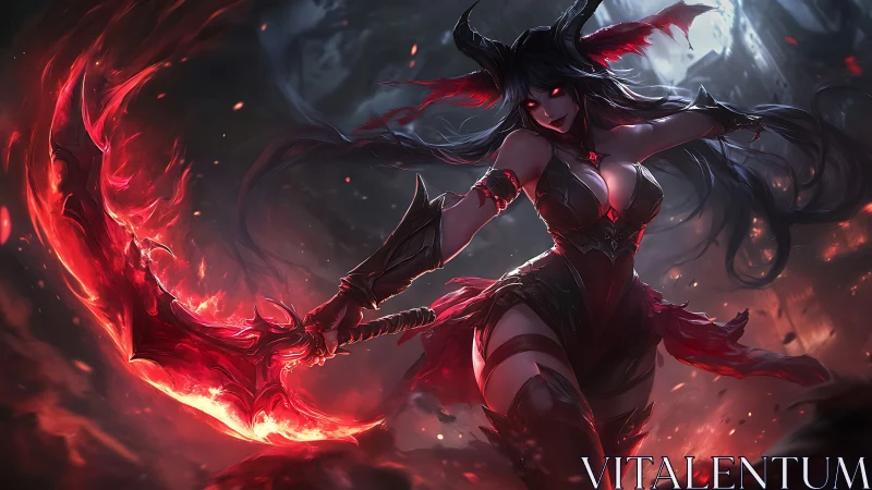 Demonic warrior queen commands a blazing infernal scythe