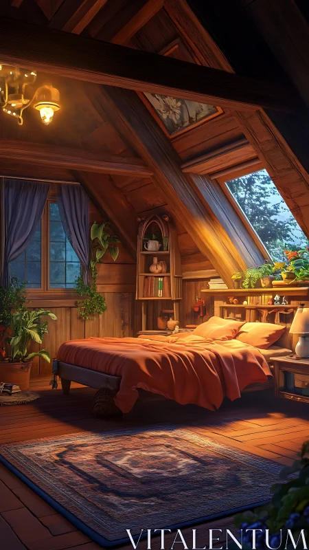 Cozy attic bedroom glowing with plants and gentle sunset light.