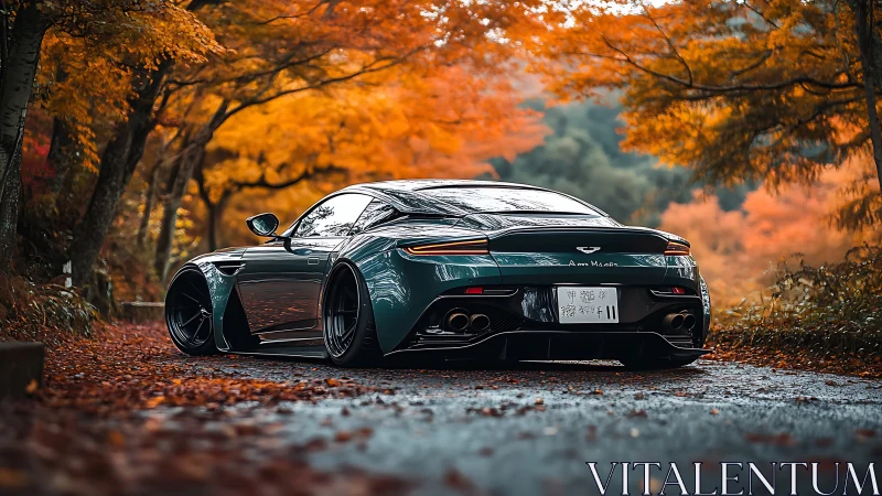 Low sports coupe rests on wet forest road under autumn canopy