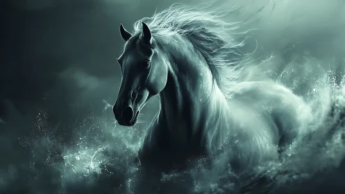 Wild spectral horse emerges from storm-tossed ocean waves.
