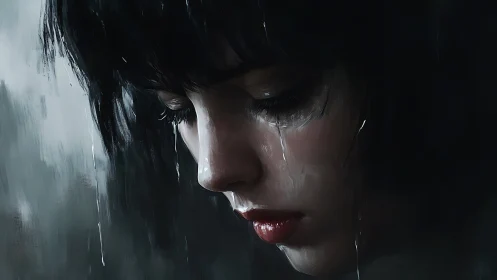 Melancholic female profile rendered in moody digital chiaroscuro